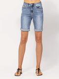 「binfenxie」Blue Rolled Hem Short Denim Pants, Slim Fit Slash Pockets High-Stretch Short Denim Trousers, Women's Denim Jeans & Clothing