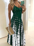 「binfenxie」Color Block Spaghetti Dress, Casual V Neck Sleeveless Slim Waist Maxi Dress, Women's Clothing
