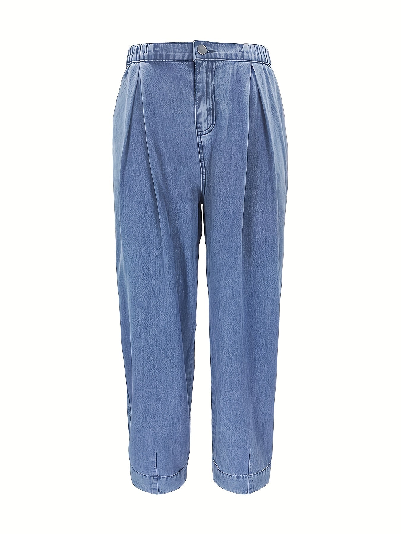 「binfenxie」Blue Elastic Waist Denim Pants, Loose Fit Slight-Stretch Slash Pockets Baggy Straight Jeans, Women's Denim Jeans & Clothing