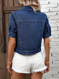 「binfenxie」Dark Blue Short Sleeves Denim Coats, Single-Breasted Button Flap Pockets Lapel Denim Jackets, Women's Denim Clothing