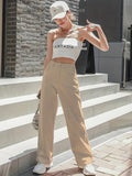 「binfenxie」Khaki Loose Fit Straight Jeans, Slash Pockets Mid Waist Non-Stretch Baggy Denim Pants, Women's Denim Jeans & Clothing