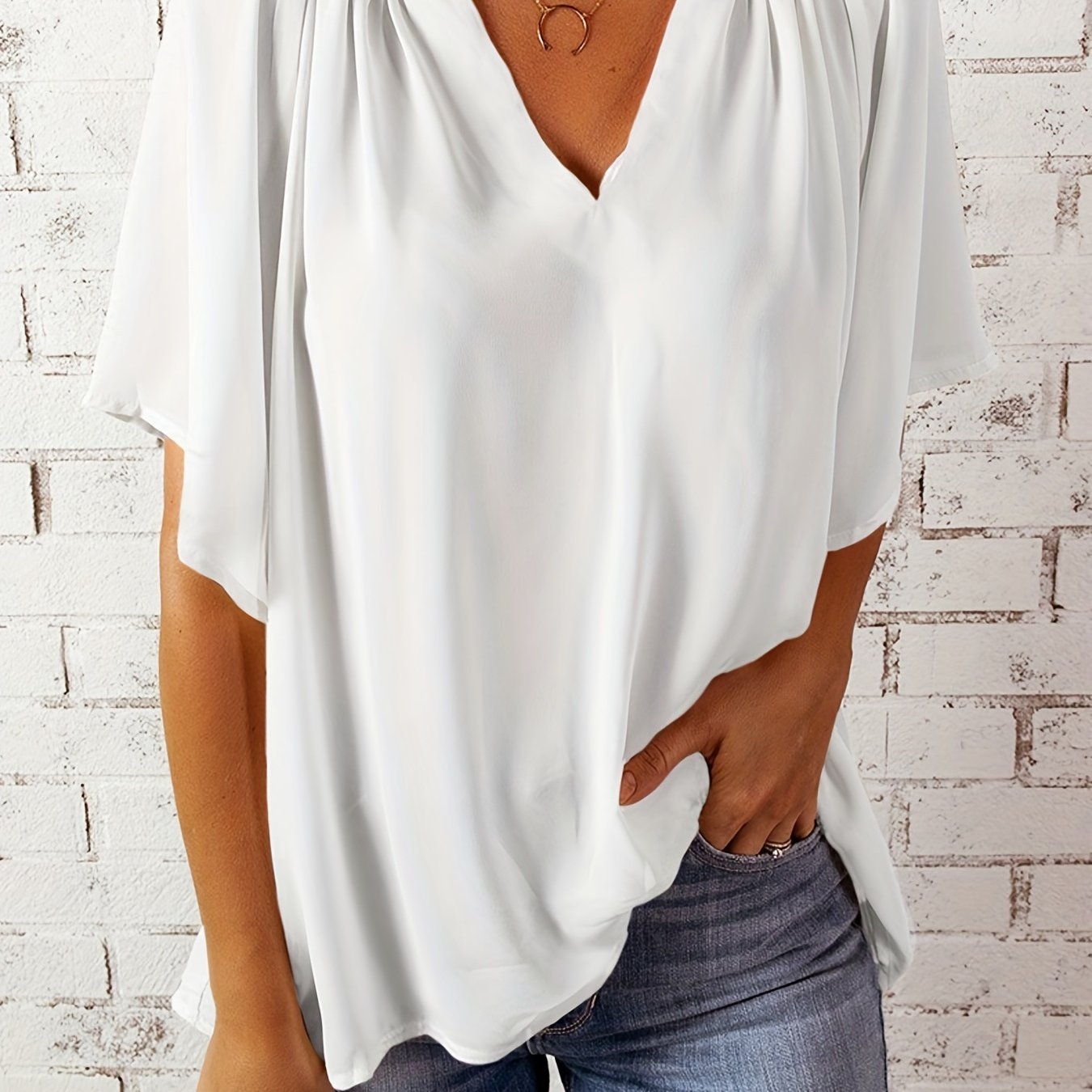 「binfenxie」Notched Neck Loose Blouse, Casual Top For Summer & Spring, Women's Clothing