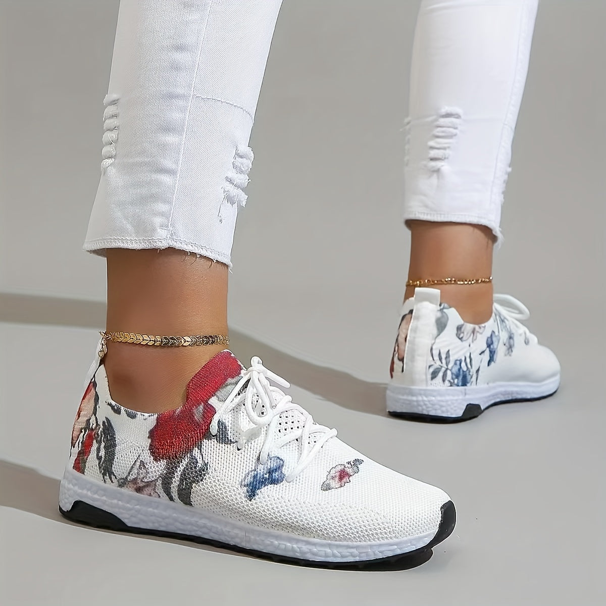 「binfenxie」Women's Floral Print Sneakers, Lightweight Low Top Lace Up Shoes, Women's Breathable Knit Shoes