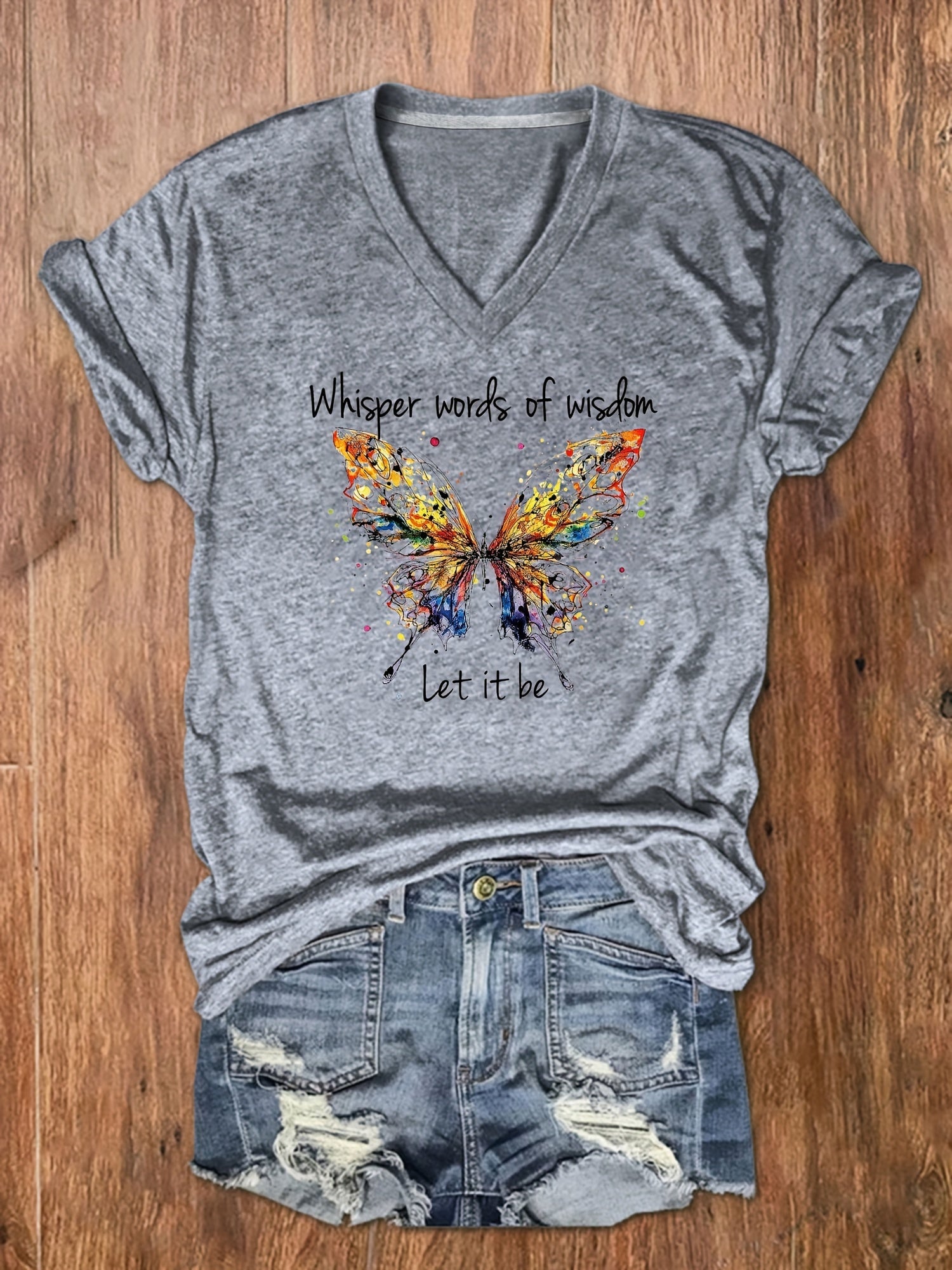 「binfenxie」Letter & Butterfly Print T-Shirt, V Neck Short Sleeve T-Shirt, Casual Every Day Tops, Women's Clothing