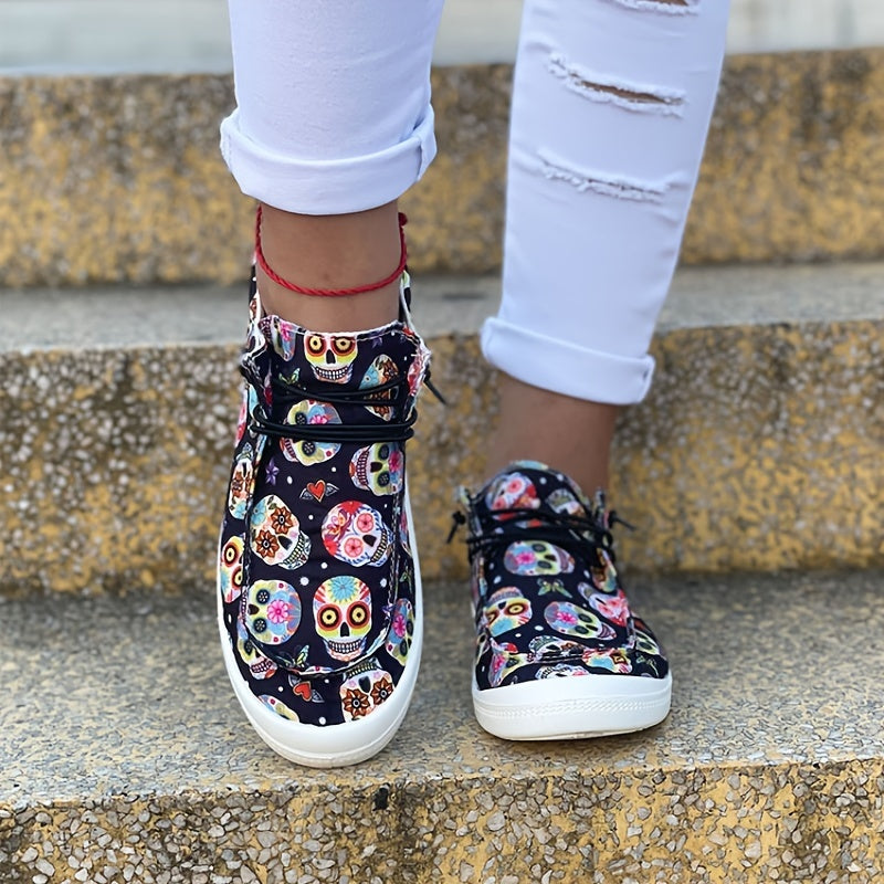 「binfenxie」Women's Colorful Skull Print Canvas Shoes - Comfy Slip Ons for Everyday Style!