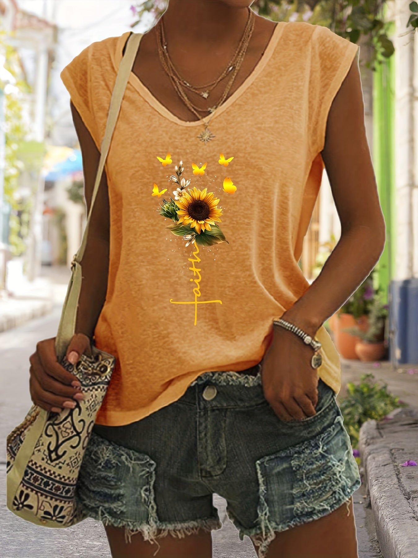 「binfenxie」Sunflower Print Tank Top, Sleeveless Casual Top For Spring & Summer, Women's Clothing