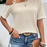 「binfenxie」Waffle Asymmetrical Blouse, Casual Chain Slanted Shoulder Short Sleeve Blouse, Women's Clothing