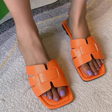 「binfenxie」Women's Stylish Square Toe Flat Sandals - Open Toe Slides for a Minimalist Look!