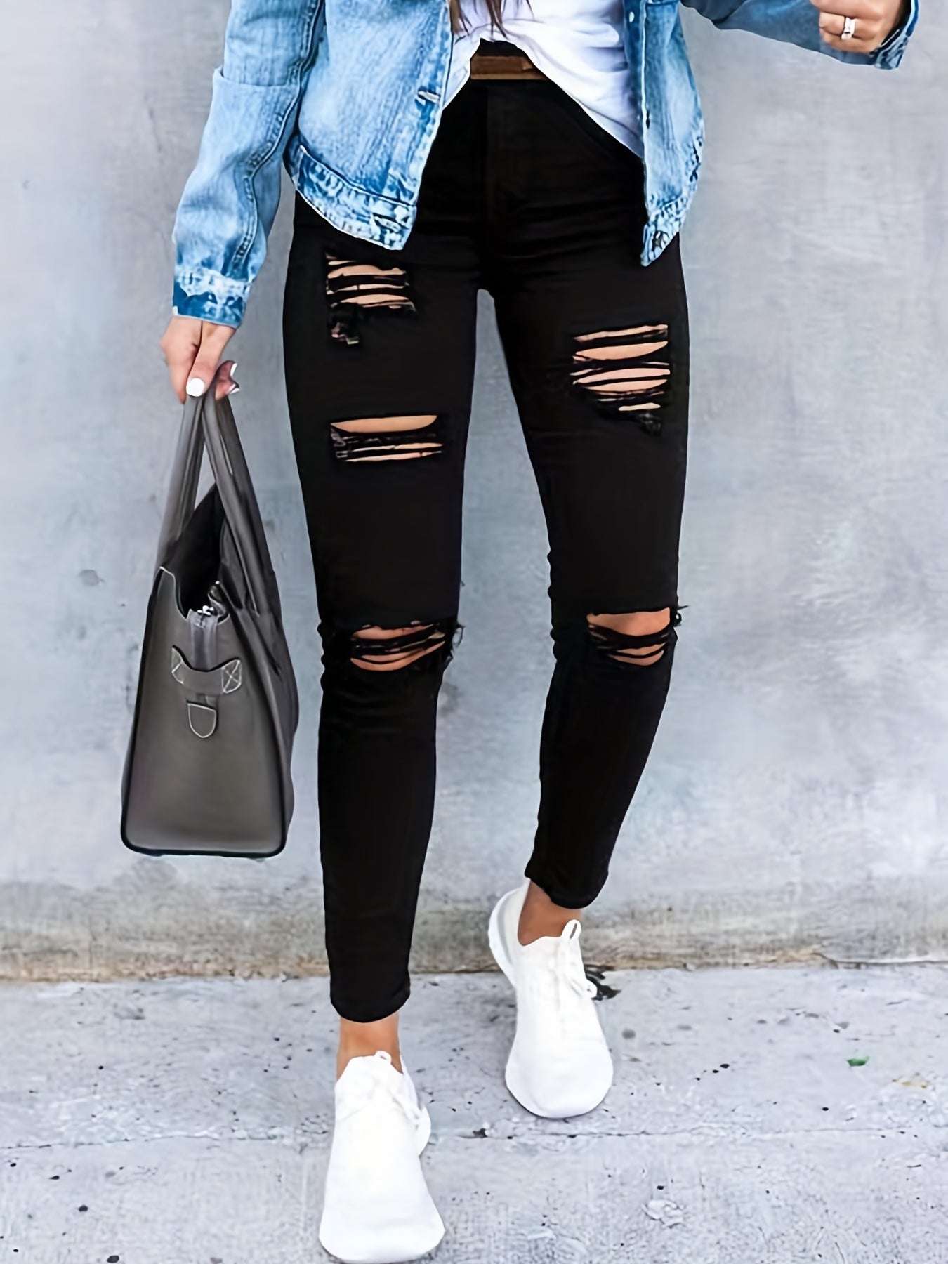 「binfenxie」Black Ripped Holes Skinny Jeans, Slim Fit Slash Pockets Slight-Stretch Casual Denim Pants, Women's Denim Jeans & Clothing