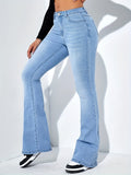 「binfenxie」Blue Bell Bottom Denim Pants, Wide Legs Slash Pockets High-Stretch Boot-Cut Flared Jeans, Women's Denim Jeans & Clothing