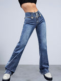 「binfenxie」Blue High Waist Flared Jeans, Bell Bottom High Rise Wide Legs High-Stretch Denim Pants, Women's Denim Jeans & Clothing
