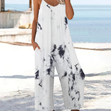 「binfenxie」Boho Loose Tie Dye Cami Jumpsuit, Casual Wide Leg V-neck Romper Overalls, Casual Every Day Outfits, Women's Clothing