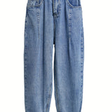 「binfenxie」Roll Up Hem Mid Waist Harem Jeans, Slash Pockets Street Causal Style Loose Denim Pants, Women's Denim Jeans & Clothing