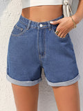 「binfenxie」Blue Rolled Hem Denim Shorts, Slash Pockets Versatile Short Denim Pants, Women's Denim Jeans & Clothing