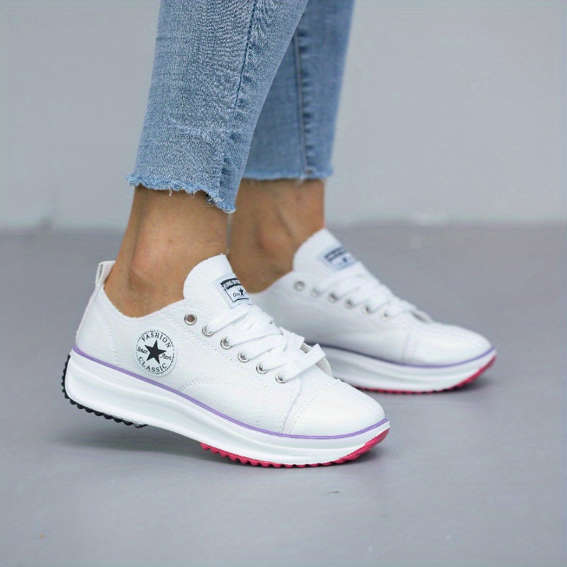 「binfenxie」Women's Platform Canvas Shoes, Solid Color Round Toe Lace-up Sneakers, Casual Low Top Shoes