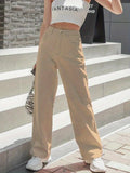 「binfenxie」Khaki Loose Fit Straight Jeans, Slash Pockets Non-Stretch Baggy Denim Pants, Women's Denim Jeans & Clothing