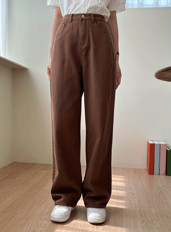 「binfenxie」Brown Loose Fit Straight Jeans, Non-Stretch Slash Pockets Casual Denim Pants, Women's Denim Jeans & Clothing