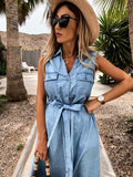「binfenxie」Blue Sleeveless Lapel Denim Dress, Single-Breasted Button Flap Pockets With Waistband Denim Dress, Women's Denim Clothing