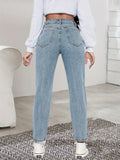 「binfenxie」High Waist Slim Fit Denim Pants, Slash Pocket Plain Light Blue Color Mom Jeans, Women's Denim Jeans & Clothing