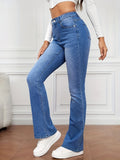 「binfenxie」Blue Mid Waist Flared Jeans, Bell Bottom Slash Pockets High-Stretch Denim Pants, Women's Denim Jeans & Clothing