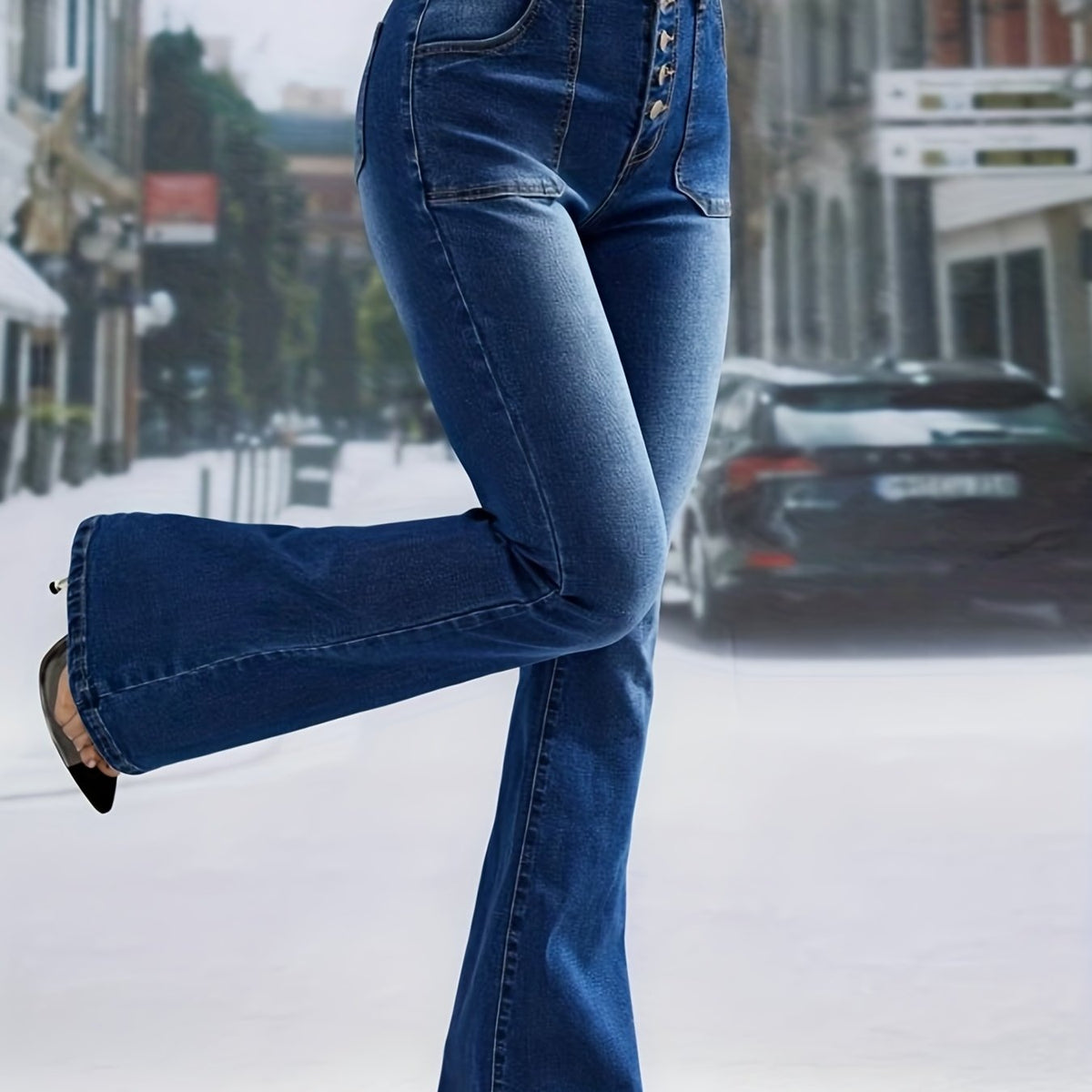 「binfenxie」Blue High Waist Flared Jeans, Bell Bottom Single-Breasted Button Slash Pockets Denim Pants, Women's Denim Jeans & Clothing