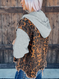 「binfenxie」Leopard Print Patchwork Hooded Denim Jackets, Ripped Raw Hem Distressed Long Sleeve Denim Coats, Women's Denim & Clothing