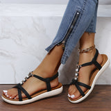 「binfenxie」Women's Boho Style Flat Sandals, Cross Strap Faux Pearl Elastic Strap Slip On Shoes, T-strap Beach Sandals