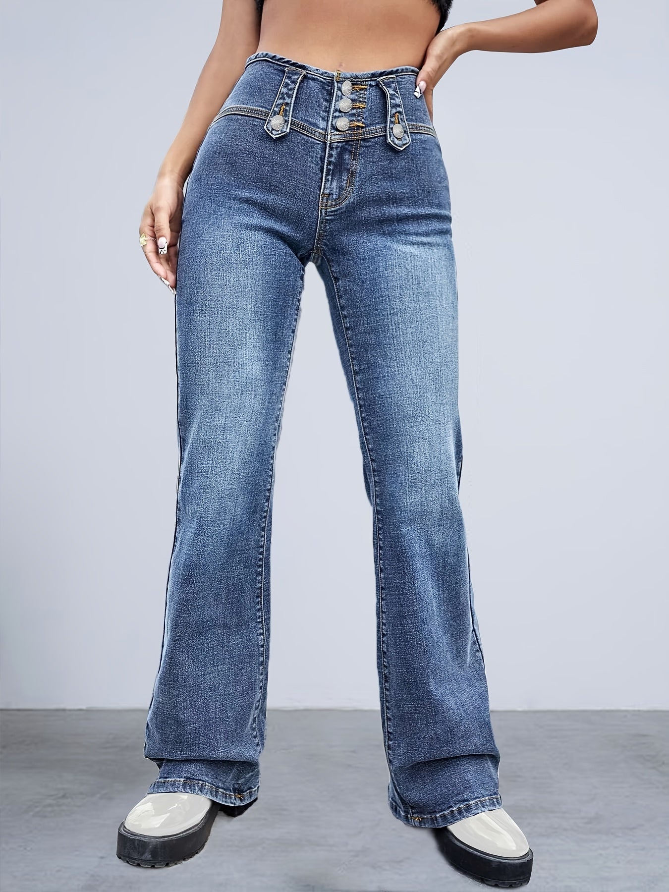 「binfenxie」Blue High Waist Flared Jeans, Bell Bottom High Rise Wide Legs High-Stretch Denim Pants, Women's Denim Jeans & Clothing