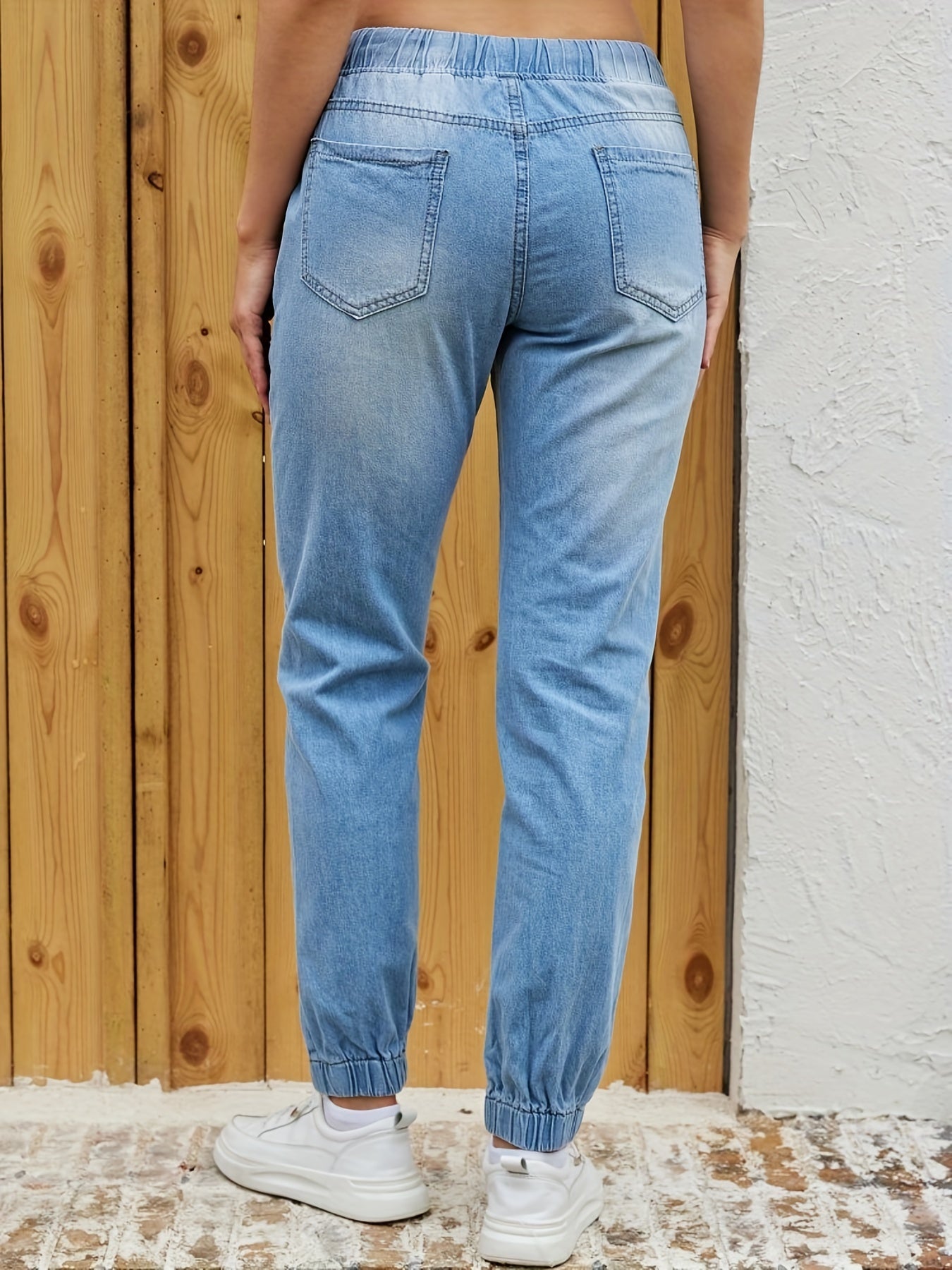 「binfenxie」Blue Elastic Waist Jogger Pants, Slash Pockets Straight Legs Mid-Waist Denim Pants, Women's Denim Jeans & Clothing