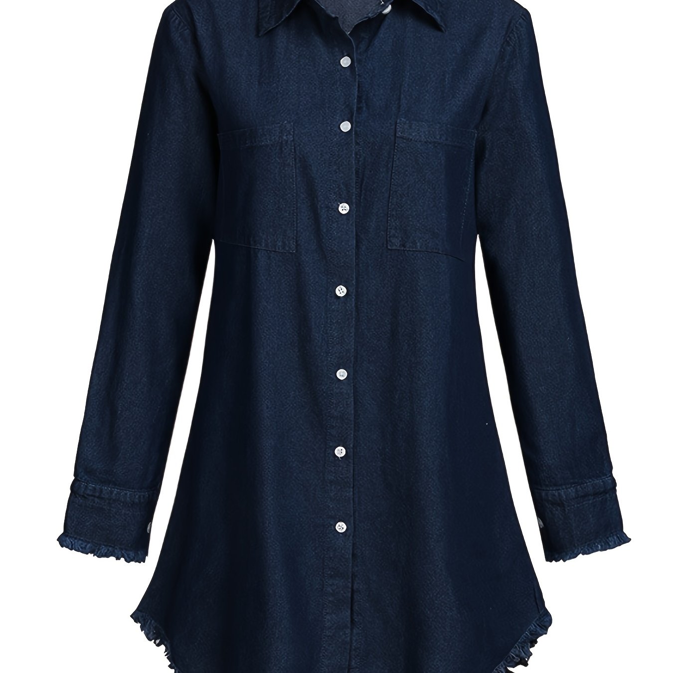 「binfenxie」Raw Hem Long Sleeves Denim Shirt, Single-Breasted Button Patched Pockets Lapel Denim Shirt, Women's Denim Clothing