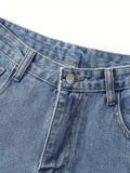 「binfenxie」Blue High Waist Short Denim Pants, Rolled Hem High Rise Slash Pockets Slim Fit Short Denim Trousers, Women's Denim Jeans & Clothing