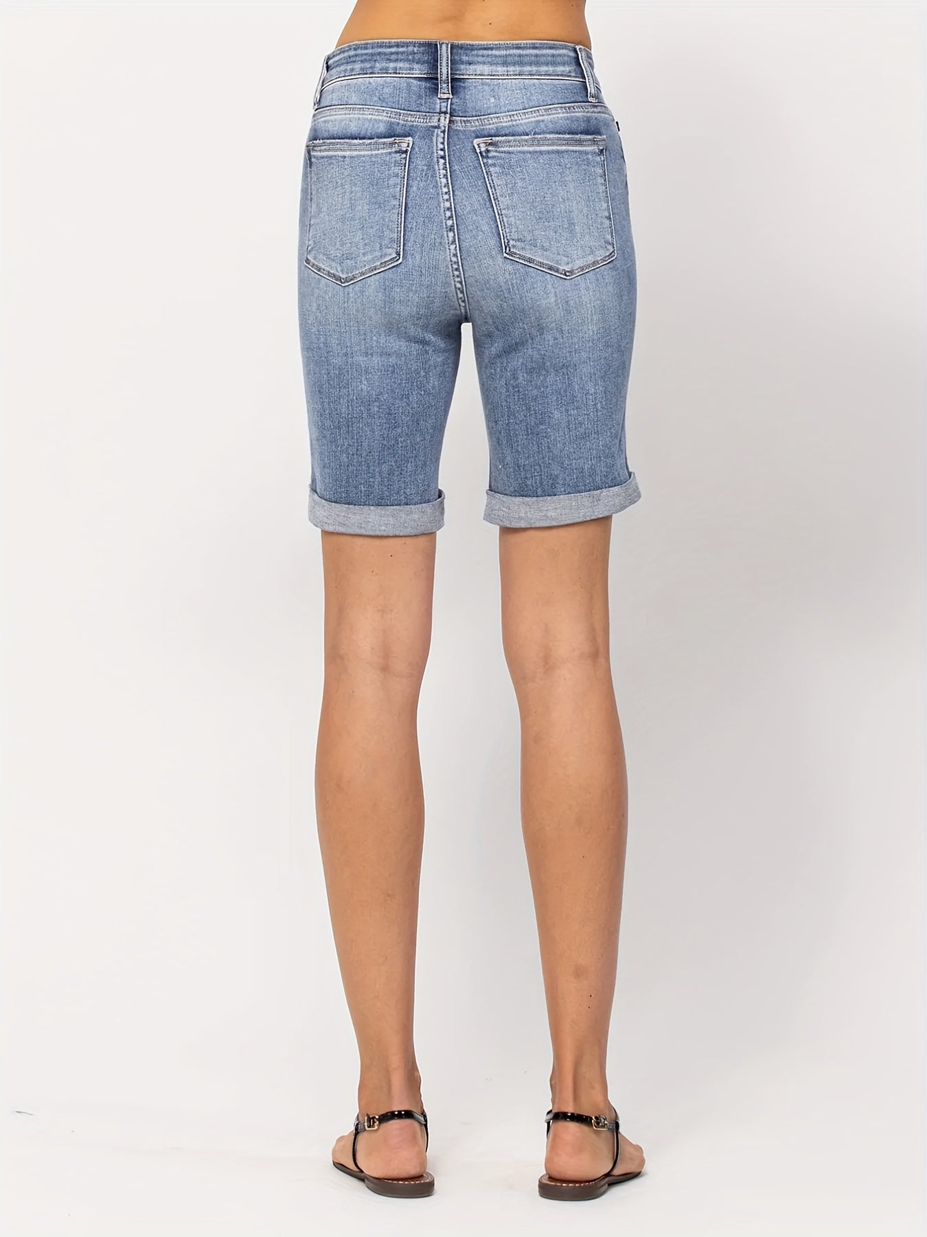 「binfenxie」Blue Rolled Hem Short Denim Pants, Slim Fit Slash Pockets High-Stretch Short Denim Trousers, Women's Denim Jeans & Clothing