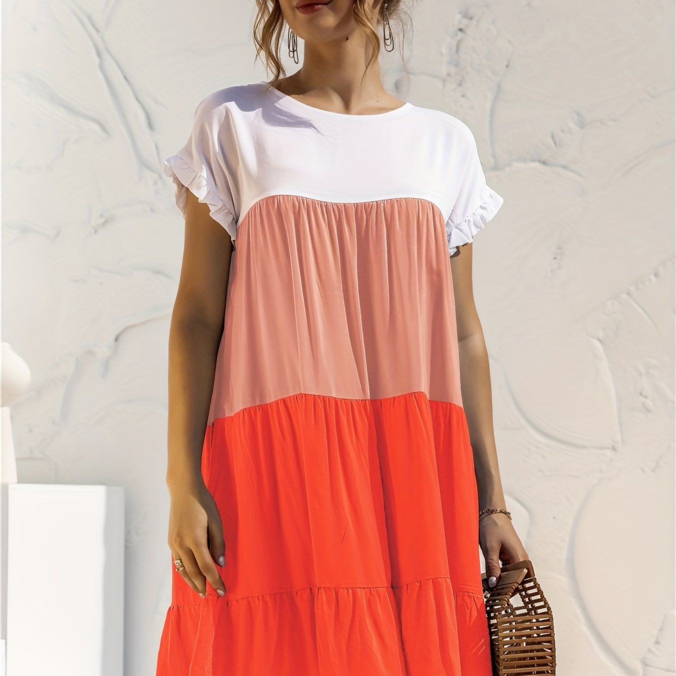 「binfenxie」Women's Summer Dress Sleeveless Ruffle Sleeve Round Neck Mini Dress Color Block Loose Short Flowy Pleated Dress