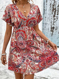 「binfenxie」Ethnic Floral Print Dress, Boho High Waist V Neck Short Sleeve Dress, Women's Clothing