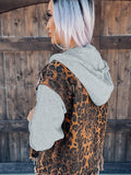 「binfenxie」Leopard Print Patchwork Hooded Denim Jackets, Ripped Raw Hem Distressed Long Sleeve Denim Coats, Women's Denim & Clothing