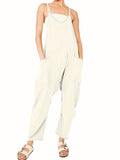 「binfenxie」Spaghetti Long Length Pocket Jumpsuit, Casual Sleeveless Loose Zip Back Jumpsuit, Women's Clothing