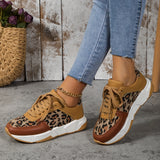 「binfenxie」Women's Leopard Pattern Lace-up Chunky Sneakers, Anti-slip Sports Shoes, Lightweight Low Top Sneakers
