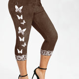 「binfenxie」Butterfly & Denim Print Skinny Leggings, Stretchy High Waist Lifting Yoga Leggings, Women's Clothing