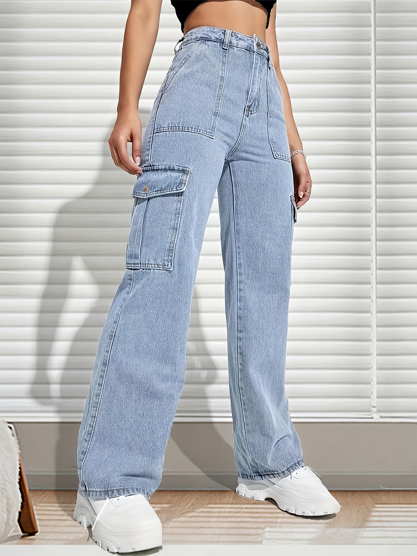 「binfenxie」High Rise Light Wash Cargo Denim Pants, Loose Multi-pocket Street Style Cargo Jeans, Women's Denim Jeans & Clothing