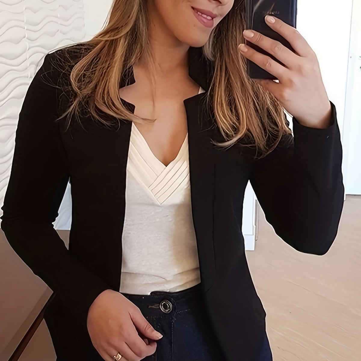 「binfenxie」Solid Open Front Blazer, Elegant Long Sleeve Work Office Outerwear, Women's Clothing