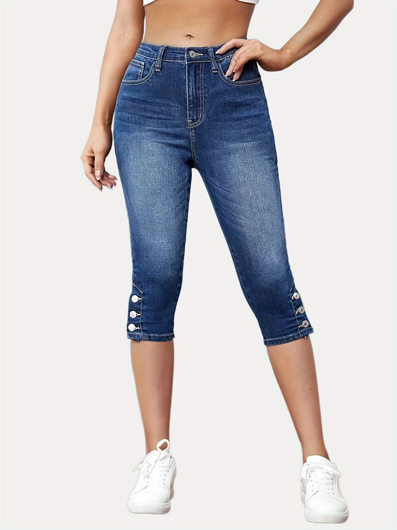 「binfenxie」Blue Slim Fit Skinny Jeans, Slight-Stretch Slash Pockets Versatile High Waist Denim Pants, Women's Denim Jeans & Clothing