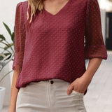 「binfenxie」V-neck Loose Chiffon Shirt, Casual 3/4 Long Sleeve Fashion Blouses Tops, Women's Clothing
