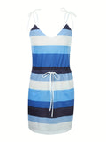「binfenxie」Striped Drawstring Lace Up Dress, Pocket V-neck Sleeveless Dress, Women's Clothing
