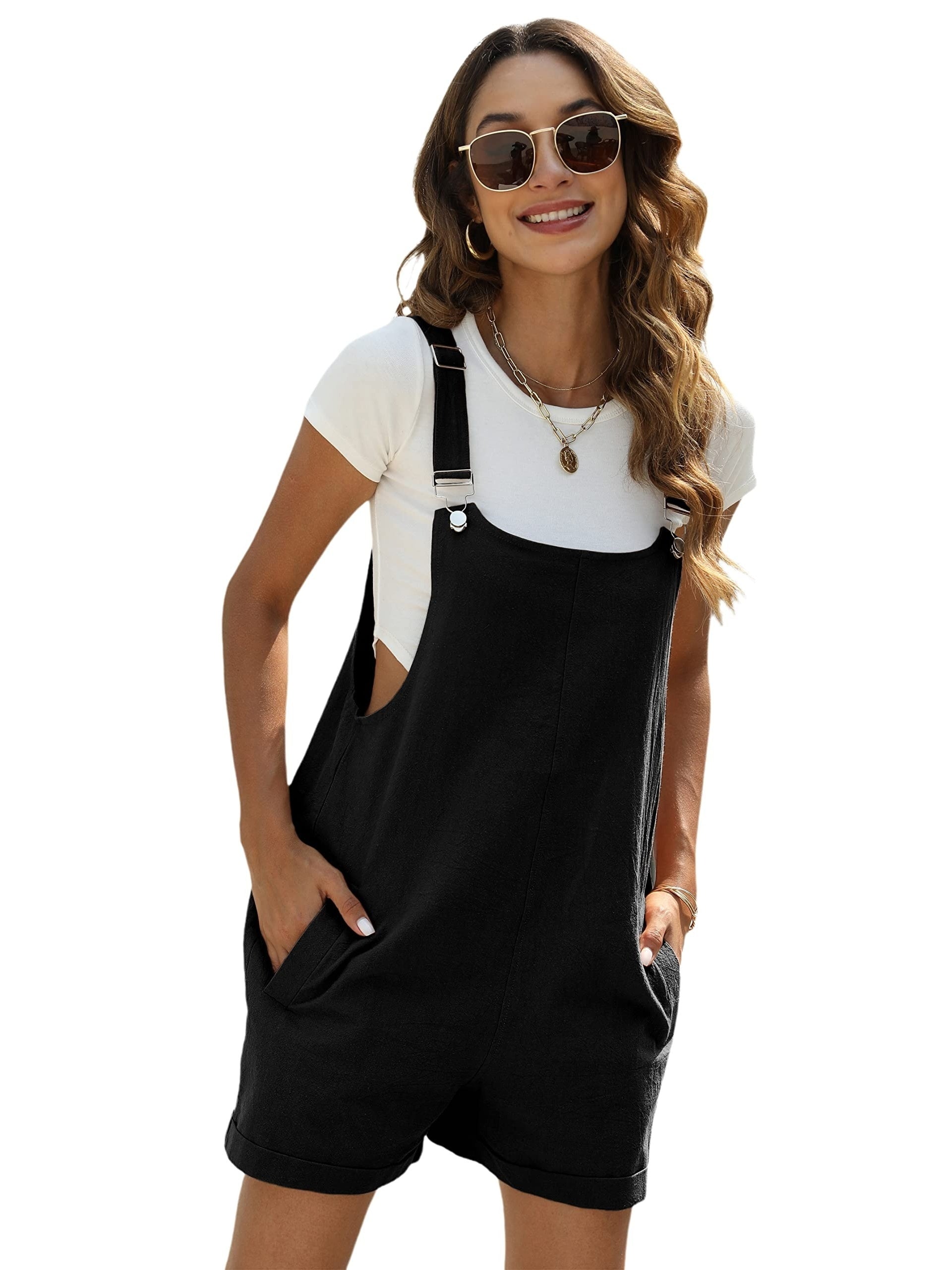 「binfenxie」Solid Cami Jumpsuit, Casual Sleeveless Comfy Short Length Jumpsuit With Pockets, Women's Clothing