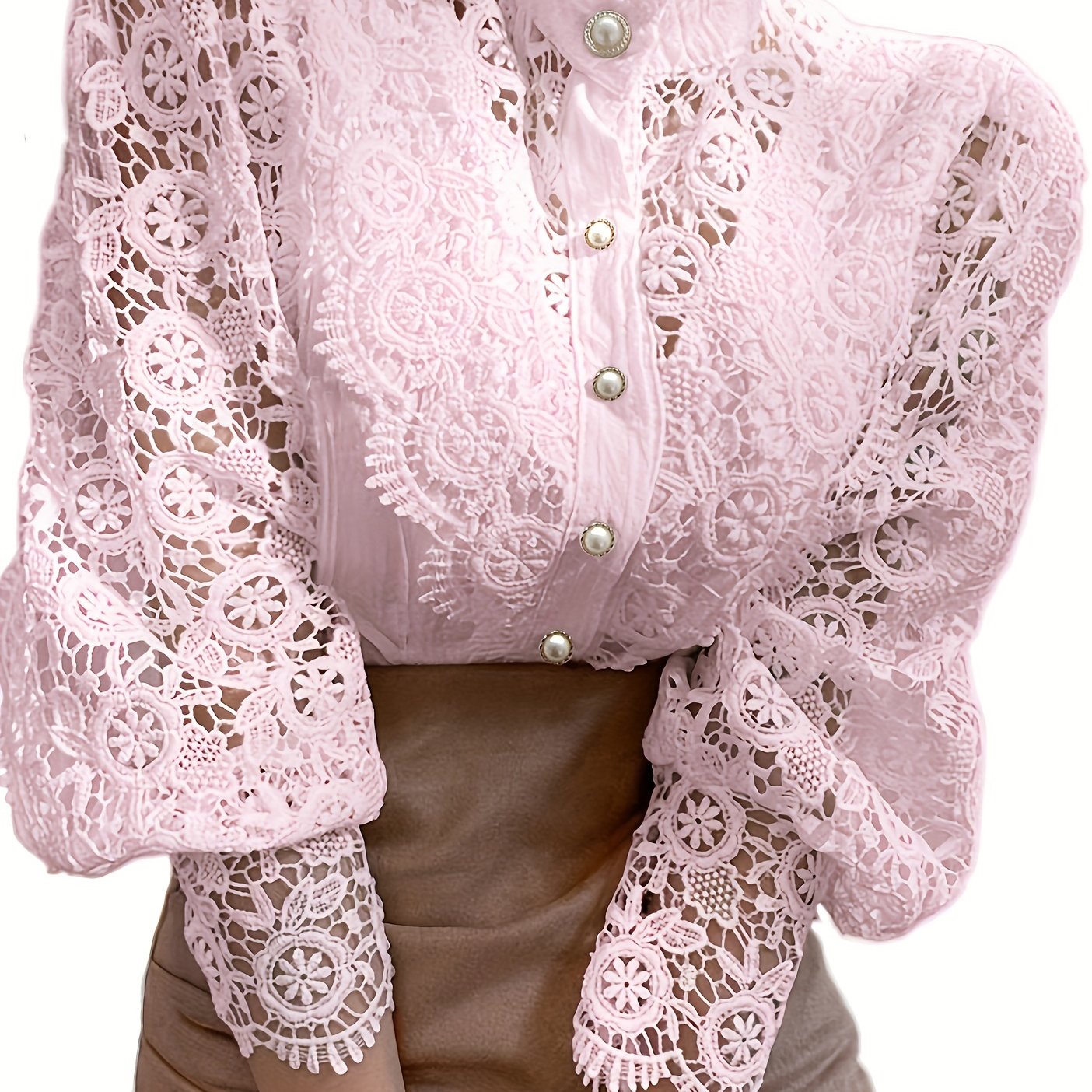 「binfenxie」Women's Blouse Lace Puff Sleeve Lantern Sleeve Solid Pleated Women Blouse