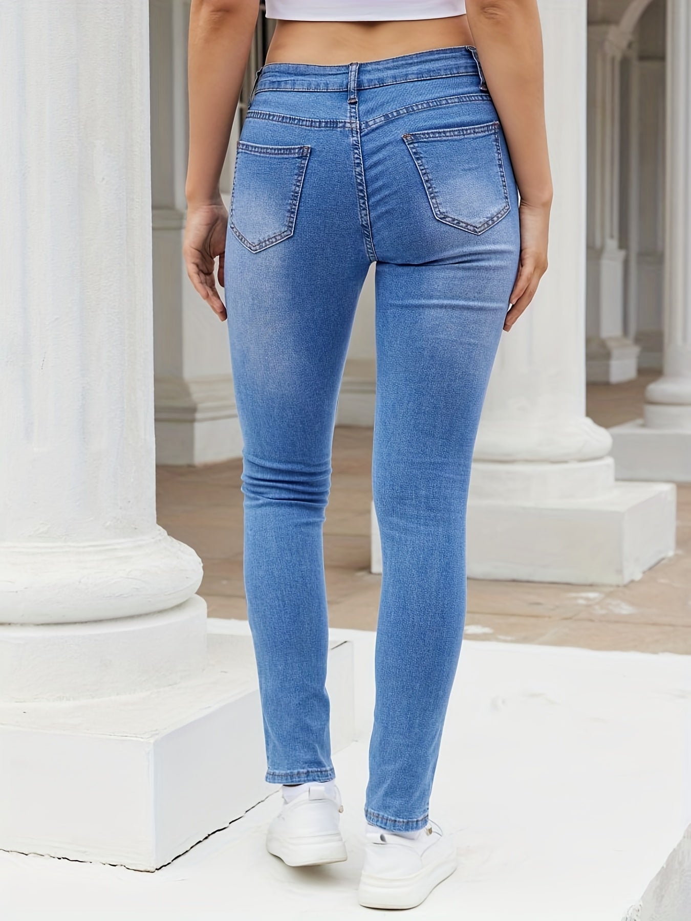 「binfenxie」Blue Slim Fit Skinny Jeans, Slash Pockets Mid-Waist Casual Mid-Stretch Denim Pants, Women's Denim Jeans & Clothing