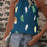 「binfenxie」Feather Print Halter Neck Blouse, Elegant Sleeveless Blouse For Summer, Women's Clothing