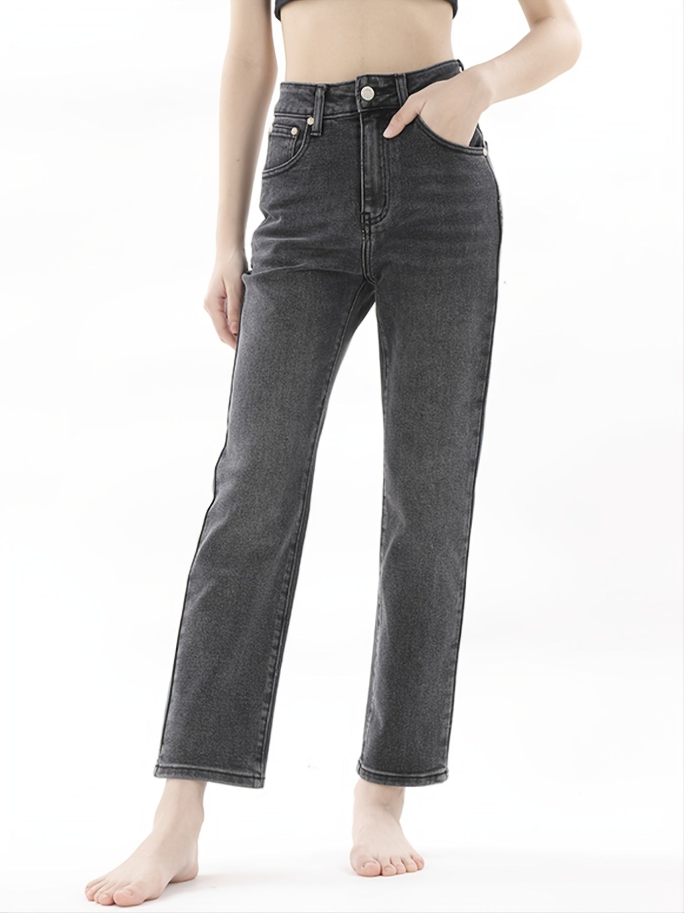 「binfenxie」Washed Black Tapered Denim Pants, Classic Slant Pocket Denim Pants, Women's Clothing & Denim