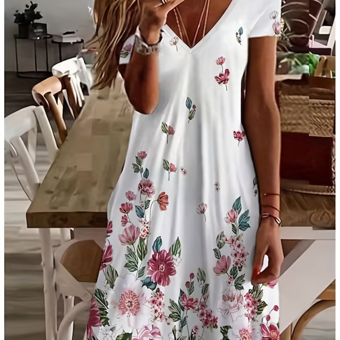 「binfenxie」Floral Print Short Sleeve Dress, V Neck Casual Dress For Summer & Spring, Women's Clothing