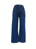 「binfenxie」Solid Loose Fit Straight Jeans, Non-Stretch Slash Pockets Baggy Denim Pants, Women's Denim Jeans & Clothing